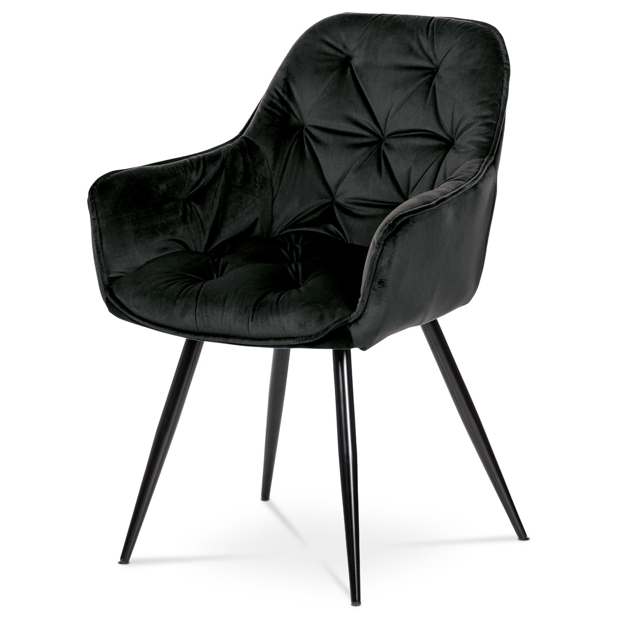 Jedálenská stolička, poťah čierna zamatová látka, kovová 4nohá podnož, čierny lak