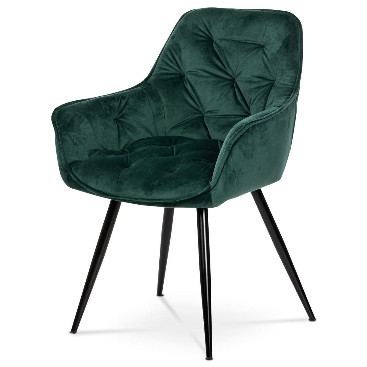 Jedálenská stolička, poťah zelená zamatová látka, kovová 4nohá podnož, čierny lak