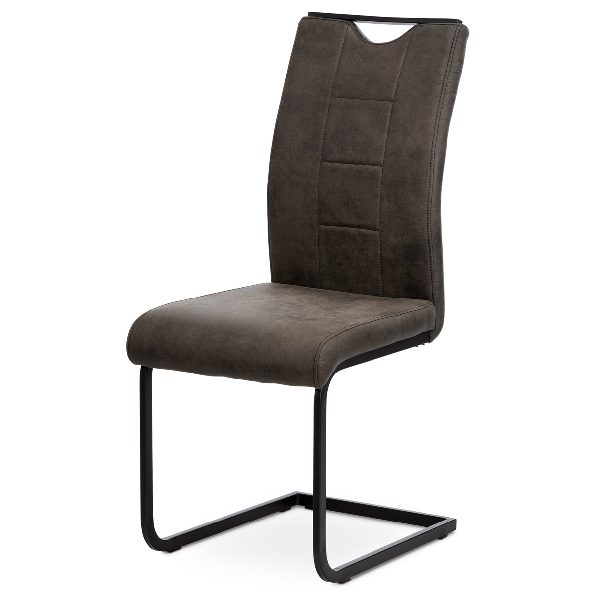 Jedálenská stolička, poťah sivá látka v dekore vintage kože, biele prešitie, kovová pohupová podnož, čierny matný lak