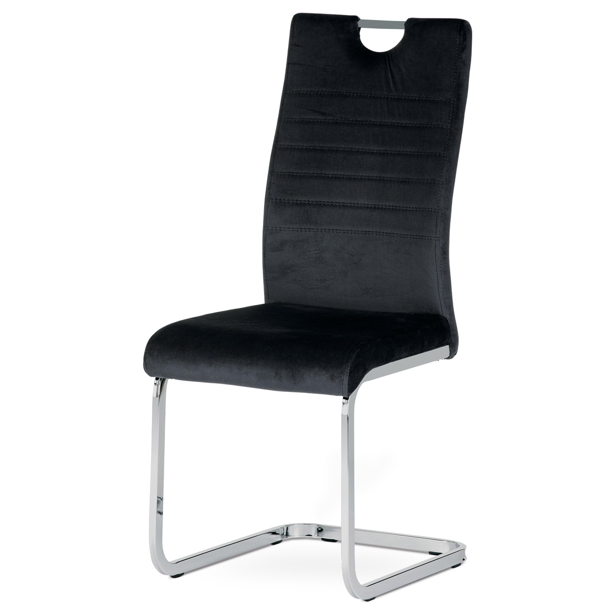Jedálenská stolička, poťah čierna zamatová látka, kovová chrómovaná podnož a madlo