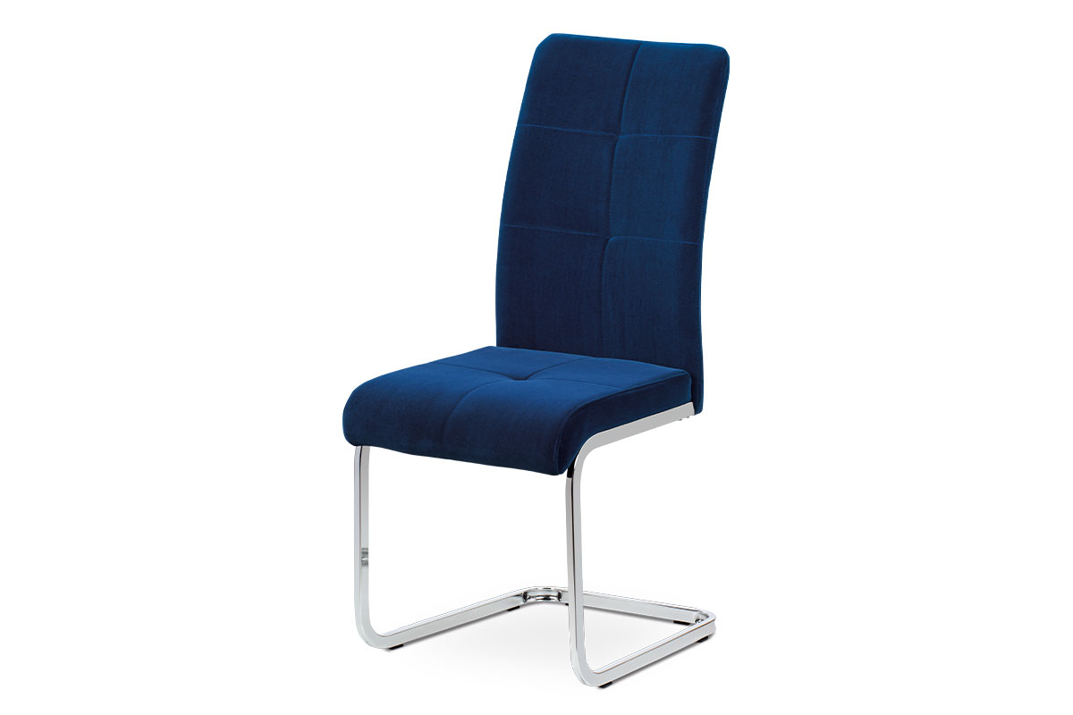 jedálenská stolička modrá zamatová látka, kovová chromovaná podnož