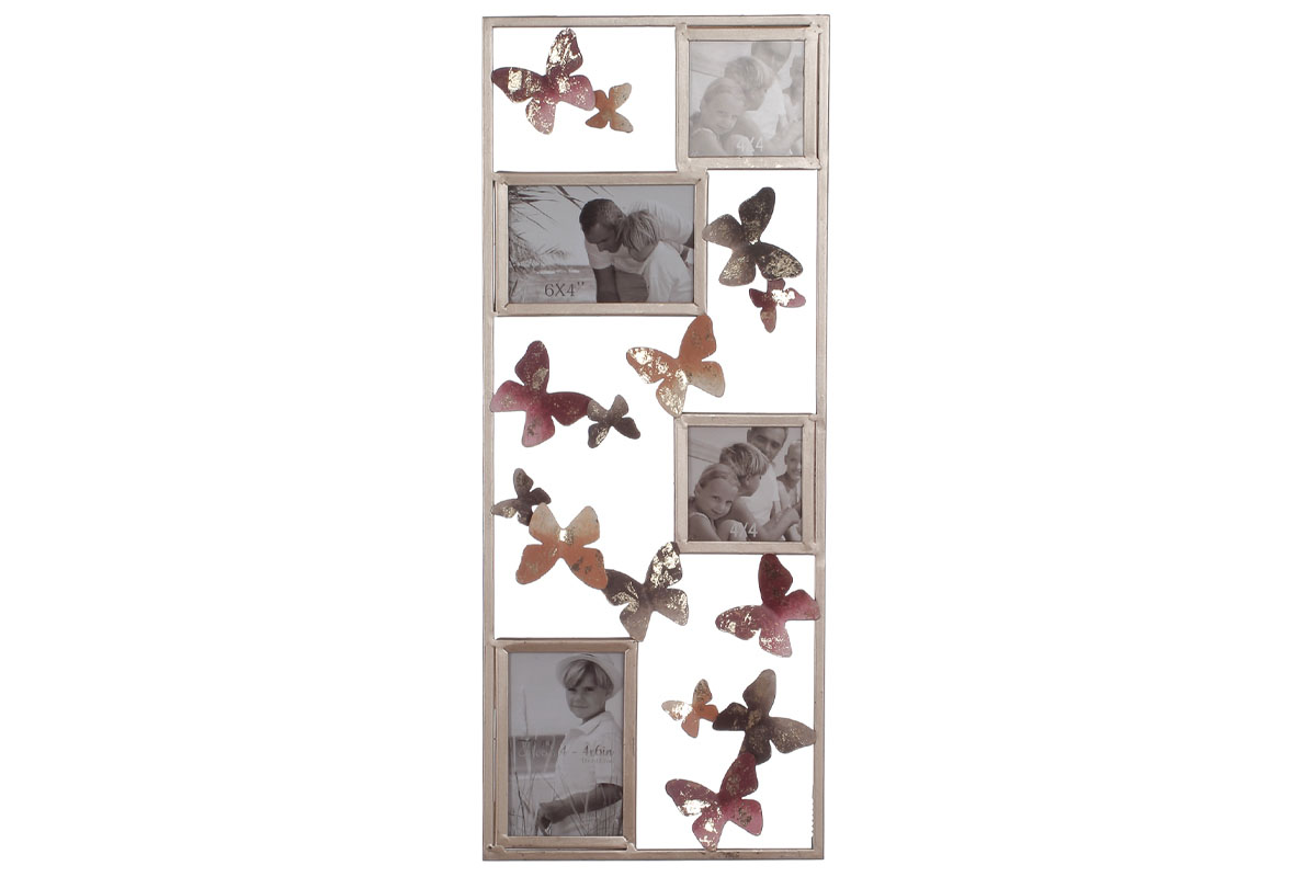 Kovová nástěnná dekorace s foto rámečky a dekorem motýlů