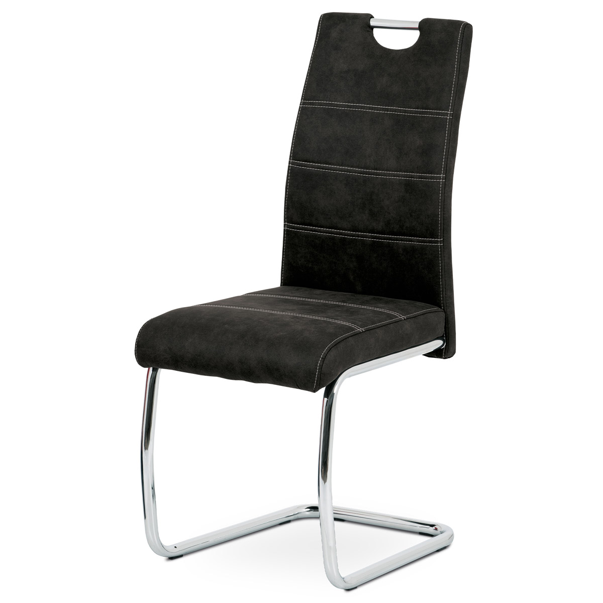 Jedálenská stolička, poťah čierna látka v dekore vintage kože, kovová chrómovaná perová podnož