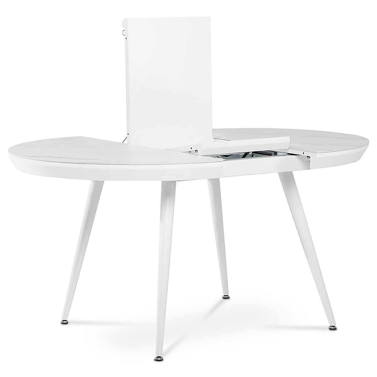 Jedálenský stôl 110+40x110 cm, keramická doska s dekorom biely mramor, MDF, kovové nohy, bílý matný lak