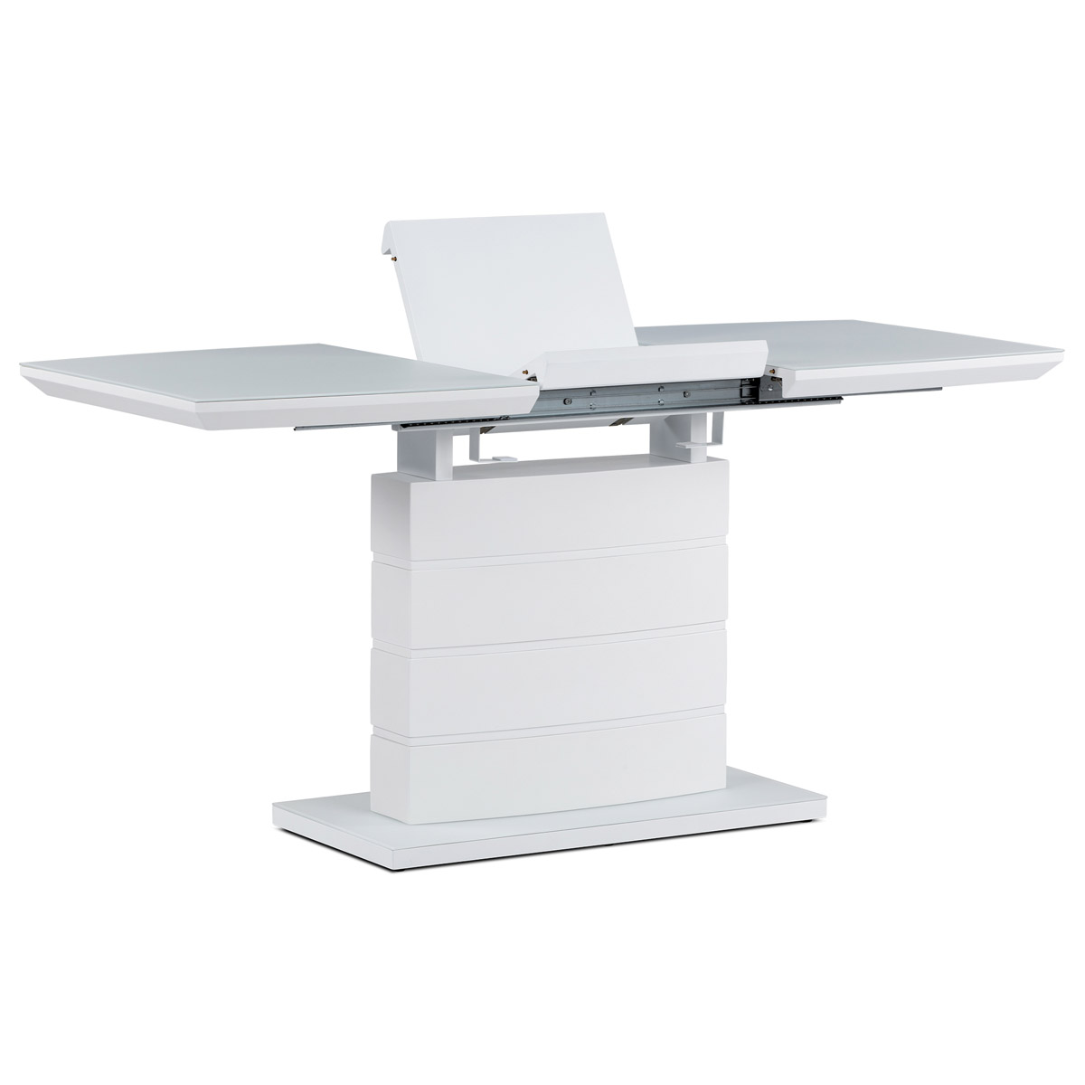 Jedálenský stôl 110+40x70 cm, biela sklenená doska 4 mm, MDF, biely matný lak