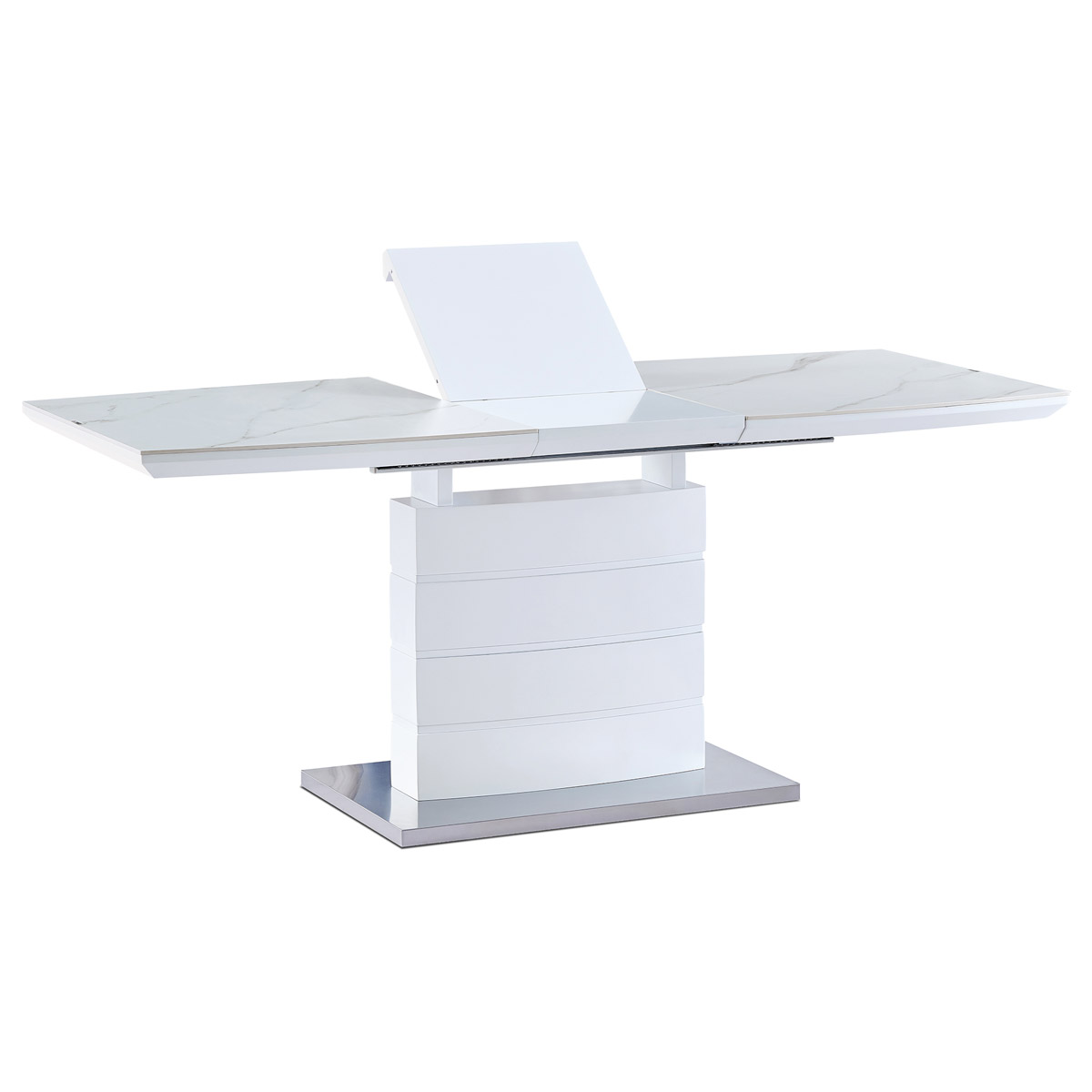 Jedálenský stôl 140+40x80 cm, keramická doska biely mramor, MDF, biely matný lak