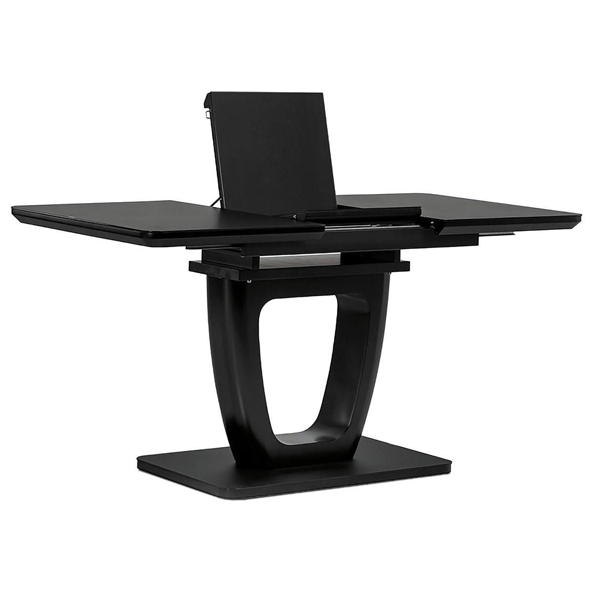 Jedálenský stôl 110+40x75 cm, čierna 4 mm sklenená doska, MDF, čierny matný lak