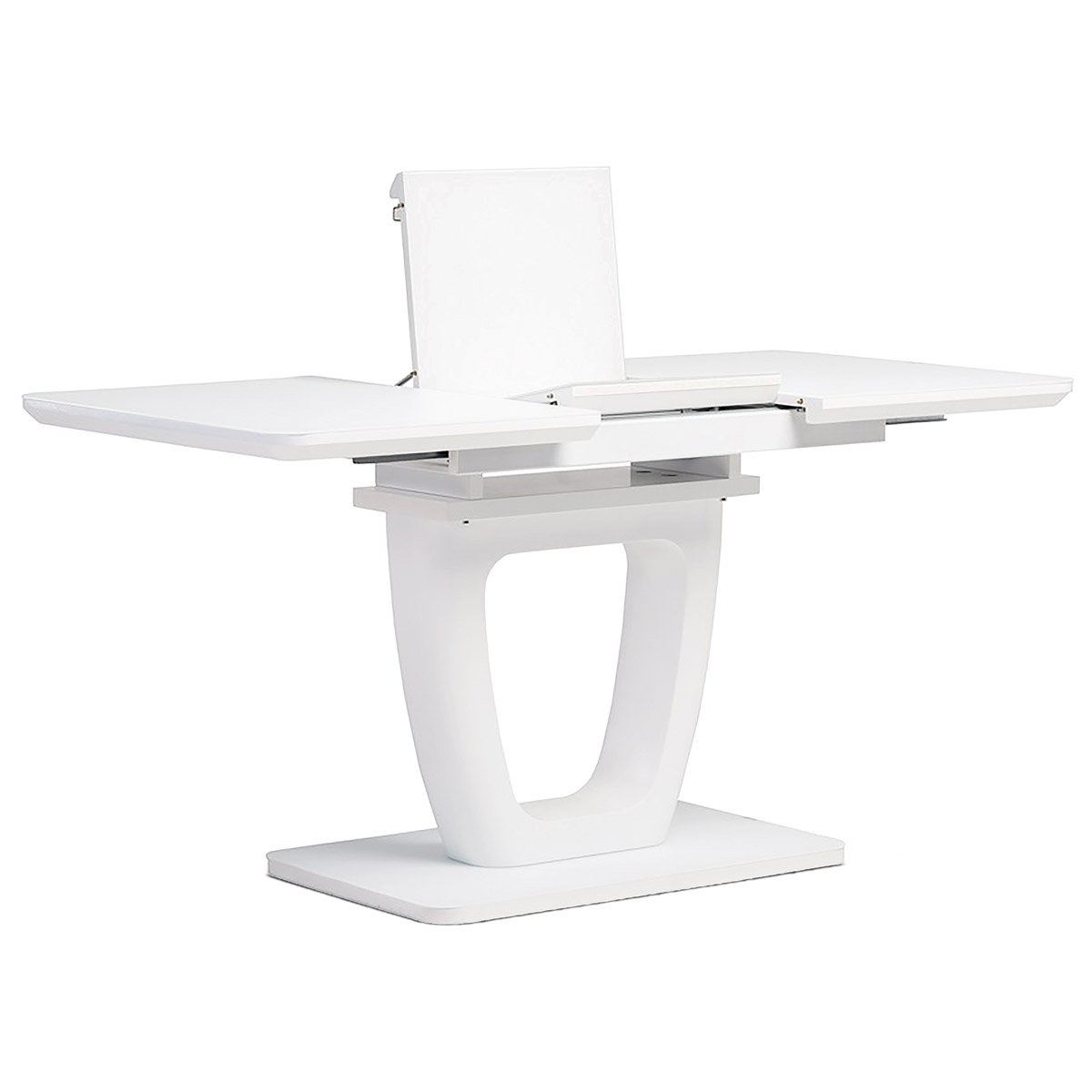 Jedálenský stôl 110+-40x75 cm, biela 4 mm sklenená doska, MDF, biely matný lak