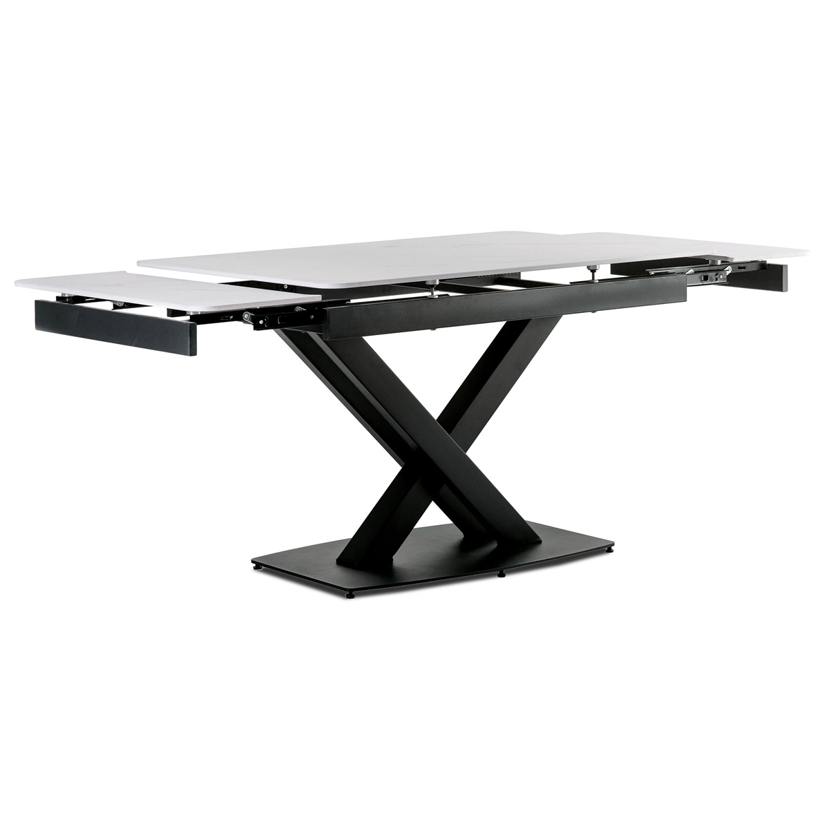 Jedálenský stôl 120+30+30x80 cm, keramická doska biely mramor, kov, čierny matný lak