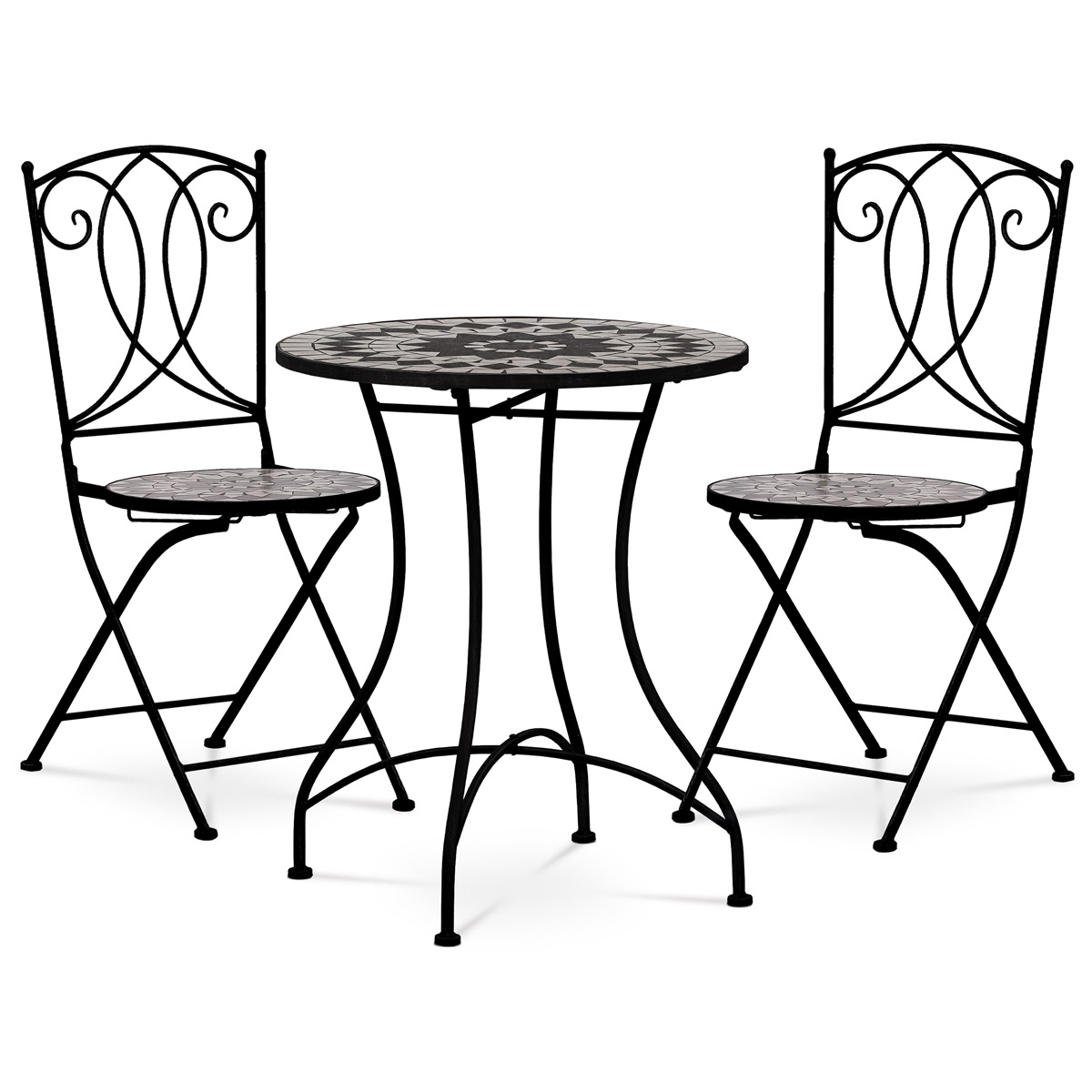 Záhradný set, stôl + 2 stoličky, čierna matná farba, sivočierna keramická mozaika