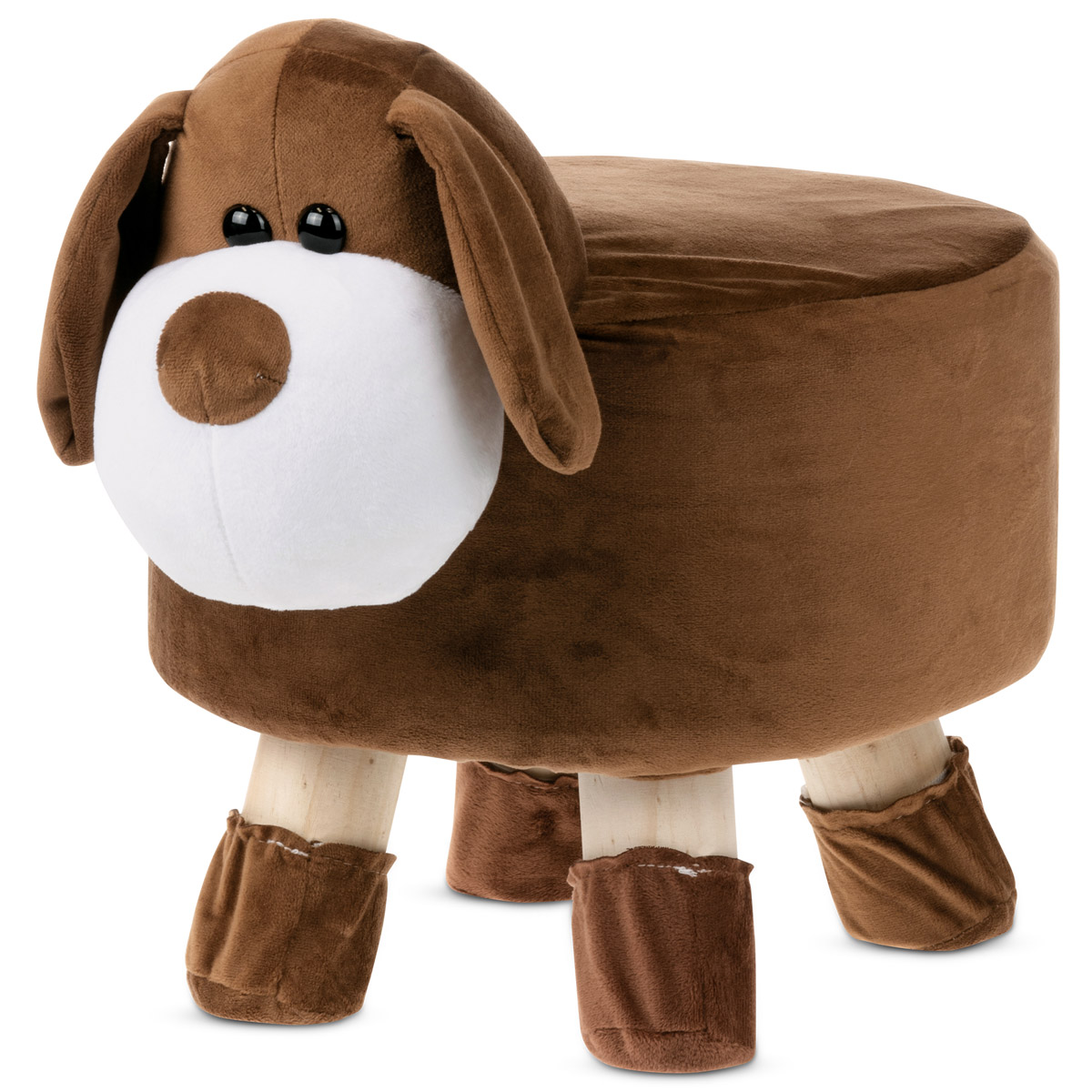 Taburet -  pes, hnědá látka,  dřevěné nohy