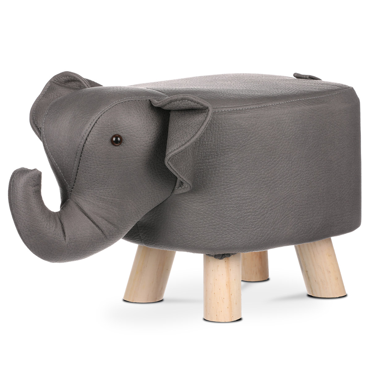 Taburetka - slon, poťah šedá látka v dekore vintage kůže, masívne nohy z kaučukovníku v prírodnom odtieni