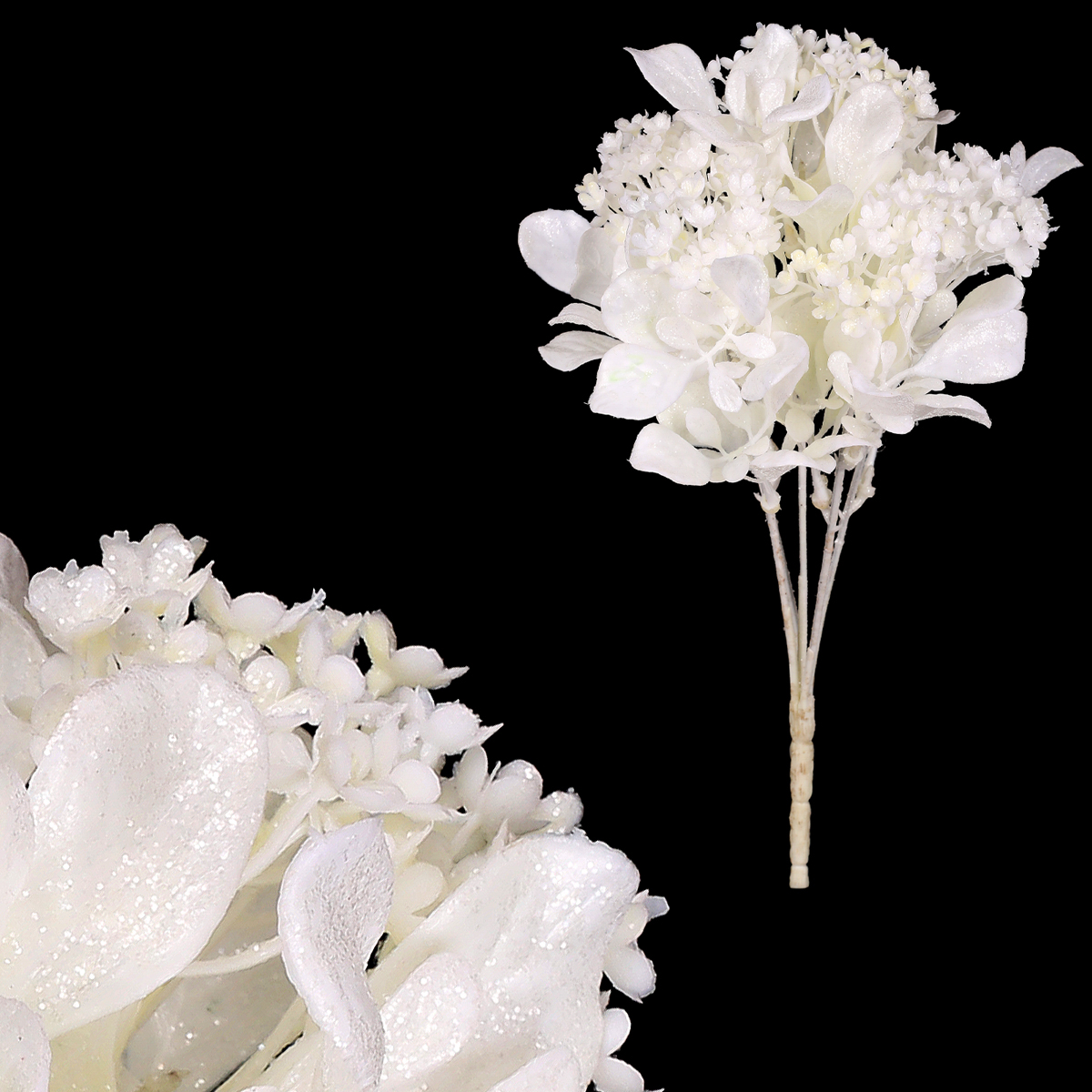 Kytice kvetoucí, barva bílá s glitry.
