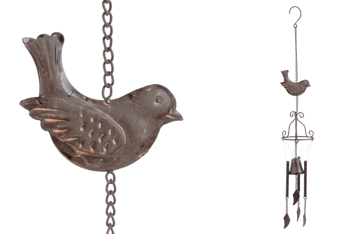 Zvonkohra s ptáčkem, kovová dekorace na zavěšení, barva hnědá