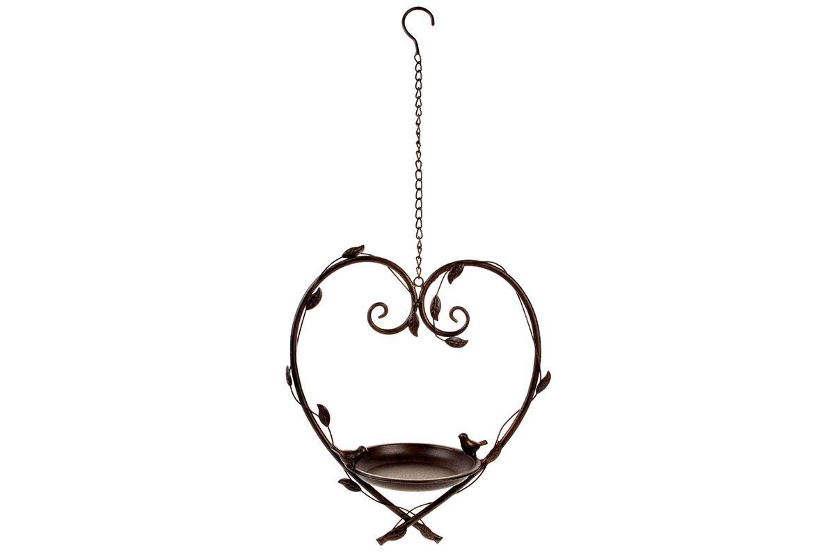Krmítko pro ptáčky ve tvaru srdce, kovová zahradní dekorace k pověšení.