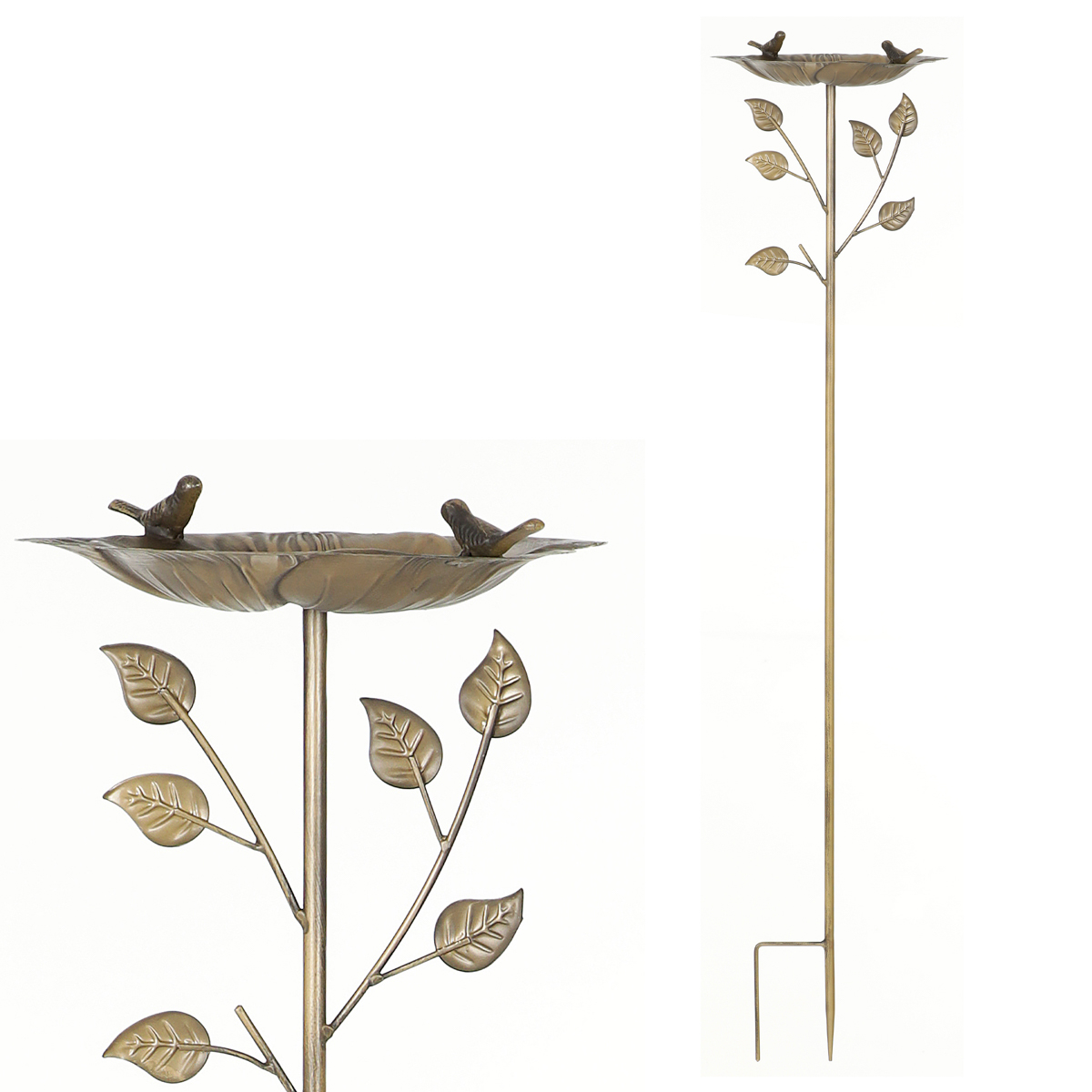 Zápich kovový - zahradní dekorace, list s ptáčkem.