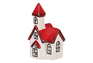 Keramický domek na čajovou svíčku. Bílá barva s červenou střechou.