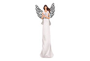 Anděl s kovovými stříbrnými křídly, barva bílá glitrovaná. Polyresin.