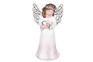Anděl s kovovými křídly držící srdce nebo ptáčka, barva bílá glitrovaná. Polyres