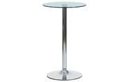 Barový stůl, kulatá deska z čirého skla  pr. 60 cm, kovová chromovaná podnož