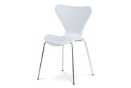 Jídelní židle, bílý plastový výlisek s dekorem dřeva, kovová chromovaná čtyřnohá