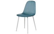 Jídelní židle, potah modrá sametová látka, kovové nohy, bílý matný lak