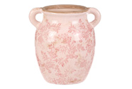 Váza keramická - retro styl, tvar amfory, růžové květy.
