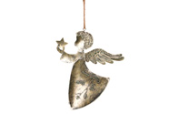 Kovový anděl s hvězdou - na pověšení, největší, barva zlatá antik.