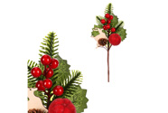 Větvička umělá vánoční - dřevěný jelen a červené jablko s bobulemi.
