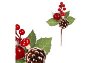 Větvička umělá vánoční - šiška a červené bobule, jablko a houba.