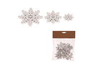 Sněhové vločky - dřevěné přízdoby, mix 3 vel., bílé, cena za 1 sáček (18 ks).