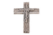 Kříž s lístky, imitace dřeva - malý, polyresin, barva šedá.
