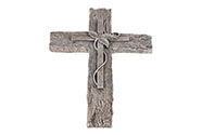 Kříž s lístky, imitace dřeva - velký, polyresin, barva šedá.