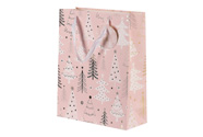 Taška papírová - vánoční stromky, růžová, střední velikost.