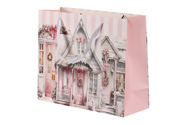 Taška papírová - motiv vánočně vyzdobeného domku, růžová, střední velikost.