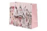 Taška papírová - motiv vánočně vyzdobeného domku, růžová, malá.