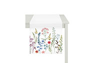 Běhoun s motivem lučních květů, barva bílá, 40x150 cm,100 % polyester.