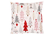 Polštář s výplní, samet. Vánoční motiv, stromky na bílém podkladu. 45x45 cm.