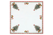 Ubrus bílý - okraje s vánočními stromky, 100% polyester, 80 x 80 cm.