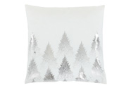 Polštář sametový s výplní, bílý - stříbrné stromky, 100% polyester, 45 x 45 cm.