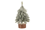 Vánoční mini stromek na špalku - umělý, výška 15 cm, zasněžený.