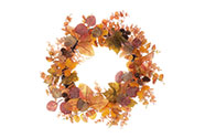 Věnec podzimní, oranžové  listí a drobné šišky, průměr 50 cm.