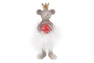Myška s korunkou a bílou sukní z peří, polyresinová dekorace.