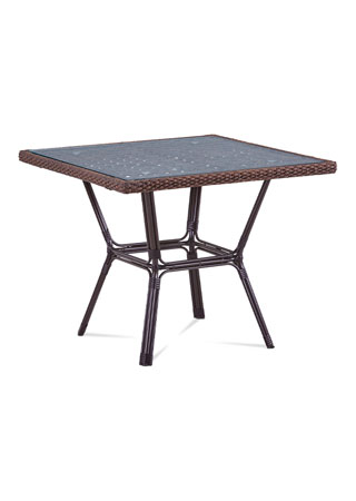 Zahradní stůl, sklo, hnědý umělý ratan, kov, hnědočerný lak