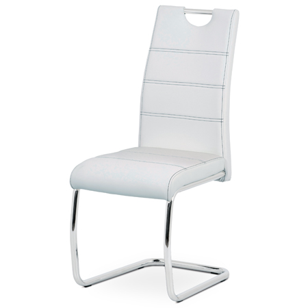 Jídelní židle, potah bílá ekokůže, černé prošití, kovová pohupová podnož, chrom - HC-481 WT