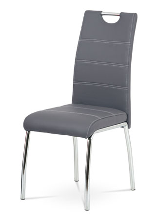 Jídelní židle, potah šedá ekokůže, bílé prošití, kovová čtyřnohá chromovaná podn - HC-484 GREY