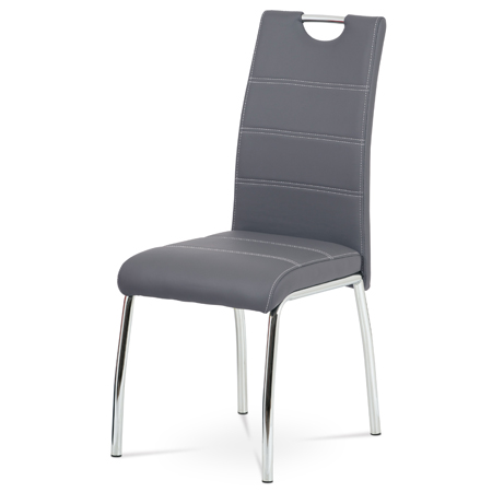 Jídelní židle, potah šedá ekokůže, bílé prošití, kovová čtyřnohá chromovaná podn