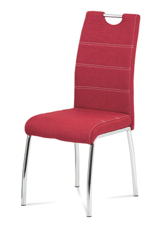 Jídelní židle, potah vínově červená látka, bílé prošití, kovová čtyřnohá chromov - HC-485 RED2