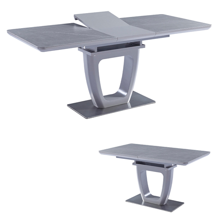 Jídelní stůl 140+40x80 cm, keramická deska s dekorem šedý mramor, MDF, šedý mat
