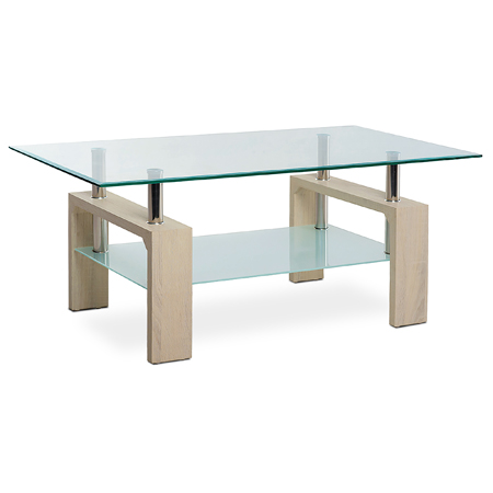 Konferenčný stolík, číre / mliečne sklo, MDF, 3D dekor biely dub - AF-1020 OAK